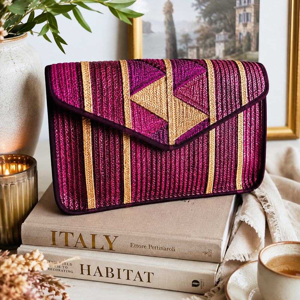 Barbara Bolan Italy Woven Raffia Straw Clutch Burgundy Geometric Evening Bag